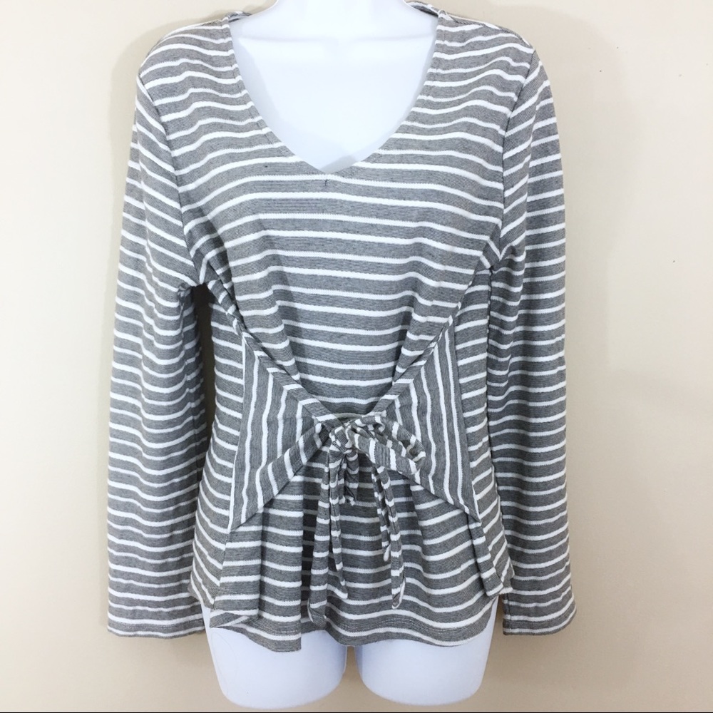 A NEW DAY Gray+White Striped Top W/ Waist Tie